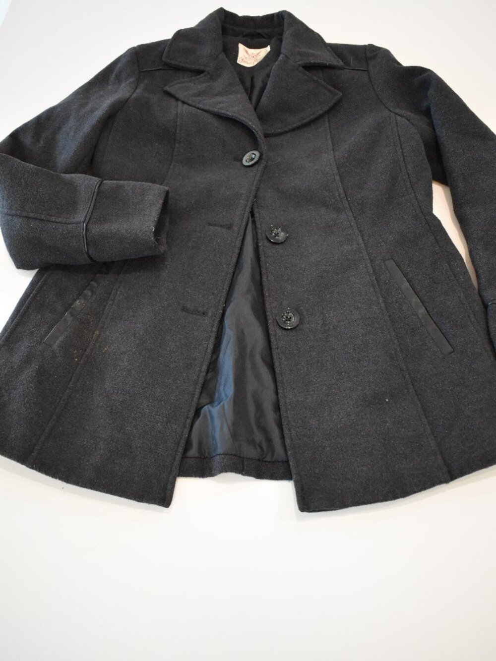 Faded Glory Women M 8/10 Black Wool Blend Peacoat Button Front Lined Jacket